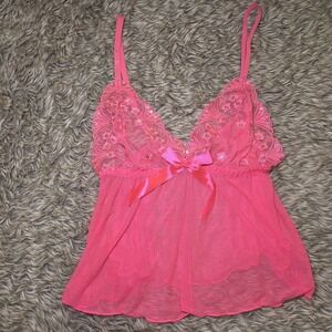 Pink Lace Babydoll Sequin Tank Top Size L Sheer Floral Bow Y2K Coquette Romantic